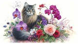 Fototapeta  - Watercolor painting of a Norwegian Forest Cat with Flowers