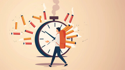 a creative illustration showing a man burdened with cigarettes walking in front of a large clock sur