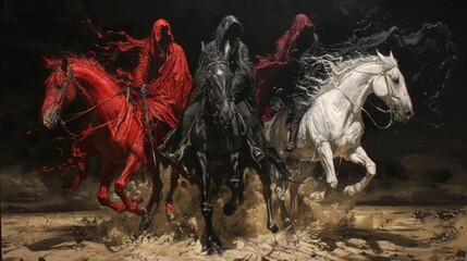 Four Horsemen of the Apocalypse - white for conquest, red for war, black for pestilence or famine, and pale for death - black background - desert landscape