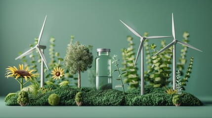 Aufkleber - Different renewable energy types product isolated on a green background, Isometric Illustration. Generative AI.