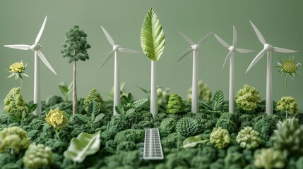 Aufkleber - Different renewable energy types product isolated on a green background, Isometric Illustration. Generative AI.