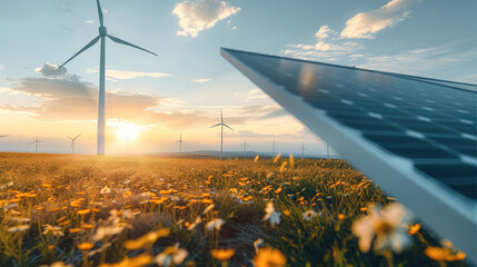 Poster - A wind turbines and solar cells on a meadow. Generative AI.