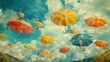 Landscape with several colorful umbrellas in the sky
