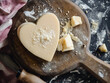 Piece of hard cheese in shape of heart on a wooden cutting board. Generative AI