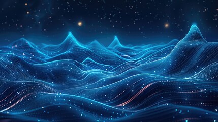 Poster - Universe and Solar System, planets, Data Technology Futuristic Illustration, Mountains, Dark Blue Background, Light Blue Curves and Dots and data Created Abstract Digital Background. Generative AI.