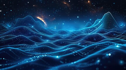 Poster - Universe and Solar System, planets, Data Technology Futuristic Illustration, Mountains, Dark Blue Background, Light Blue Curves and Dots and data Created Abstract Digital Background. Generative AI.