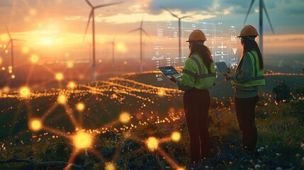 Poster - A team of renewable energy engineers working amidst a landscape dotted with wind turbines and solar panels. consulting data on laptop with holographic analytics floating in the air. Generative AI.