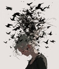 Woman with flock black birds erupting from her head chaos mental health