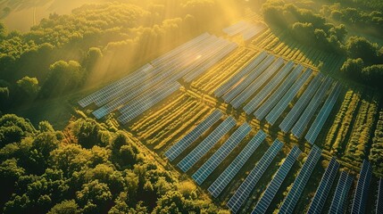 Aufkleber - Aerial view of a solar farm in the sunlight, Under the concept of sustainable energy use. Generative AI.