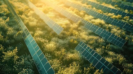 Aufkleber - Aerial view of a solar farm in the sunlight, Under the concept of sustainable energy use. Generative AI.