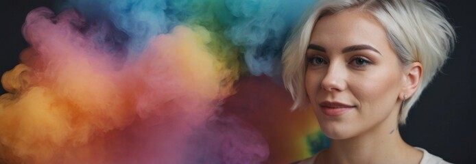 short blonde hair Double exposure woman portrait with vivid rainbow color smoke for positive mindset and creative state of mind and psychology concept. Meditative and men