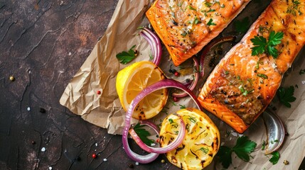 Wall Mural - Grilled salmon with spices and roasted vegetables on slate