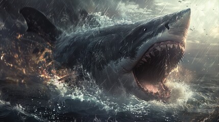 Wall Mural - Big angry and vicious shark background wallpaper ai generated image