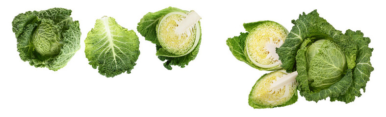 Savoy cabbage isolated on white background with. Top view with copy space for your text. Flat lay