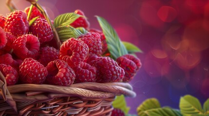 Wall Mural -  A pile of freshly picked raspberries nestled in a woven basket, with leaves and stems adding a touch of rustic charm 