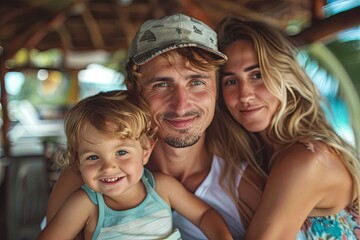 Wall Mural - Young Caucasian family on vacation at the beach