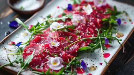 Wall Mural - Carpaccio with Arugula and Parmesan on a Ceramic Plate. Close-up food photography.