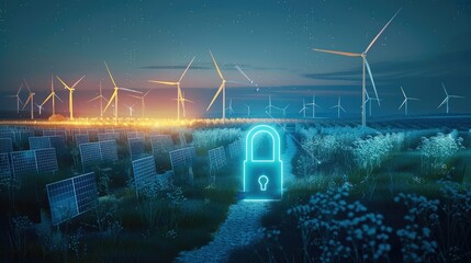 Aufkleber - An empty grass field at night with solar panels and wind turbines with a blue 3d lock floating in the front center, unreal engine. Generative AI.