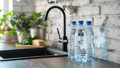 Bottles of clean water and sink on kitchen counter near white brick wall