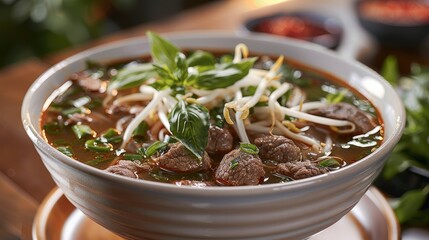 Wall Mural - Delicious hot bowl of beef pho with tendon, shank, tripe, and meatball, bean sprouts, Thai basil. Generative AI.