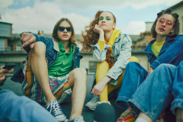 Group of friends spending time on city rooftop. Wearing trendy mix of streetwear, featuring denim and vibrant hues, reflecting their dynamic personalities. Concept of 90s, fashion, youth culture