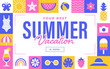 Summer banner with geometric frame. Summer vacation, holiday or camp design template with flat summer icons and symbols.