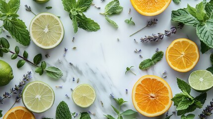 Poster - Top view product of lavender, peppermint, citrus, tea tree and bergamot leaves surrounding a circular empty space on a white marble background, minimal modern style of flat lay. Generative AI.