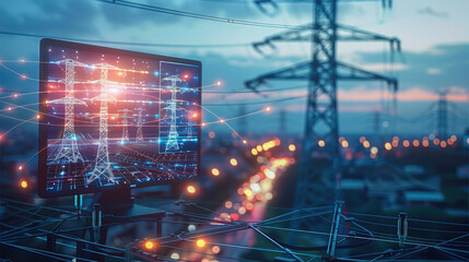 Fototapete - Electrical project is displayed on a computer screen, cad software engineer project line flying above and cad software on screen, electricity towers and solar panel in the background. Generative AI.