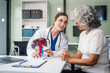 © NanSan - Caucasian woman accompanies an elderly Asian woman dealing with Hepatitis B, cirrhosis, and liver cancer. They seek medical advice and support together. Liver model learning
