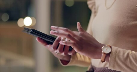 Poster - Tablet, typing and hands of business woman at night for online project, website review and social networking. Office, professional and worker on digital tech screen for research, report and internet