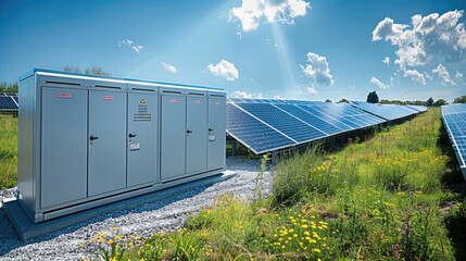 Aufkleber - Battery storage system next to a photovoltaic power plant. Generative AI.