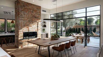 Wall Mural - The rustic brick fireplace adds a touch of warmth and character to the otherwise minimalist dining space. 2d flat cartoon.