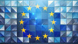 European Union flag a stunning glass mosaic, with each piece reflecting light differently, and embed within the mosaic