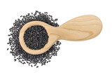 Fototapeta  - black sesame seeds in wooden spoon isolated on white background. Top view. Flat lay