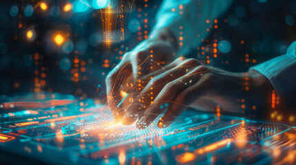 Poster - A person interacts with a futuristic interface, glowing with digital data and light in a high-tech workspace, symbolizing advanced technological innovation. Futuristic Interface Interaction in High-T
