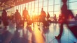 © NickArt - Airport terminal departure zone background with blurred people slow motion AI generative image