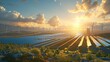 A sprawling landscape featuring power plants in a rural setting, surrounded by vast fields of solar panels and wind turbines, emphasizing the harmony between technology and nature. Generative AI.