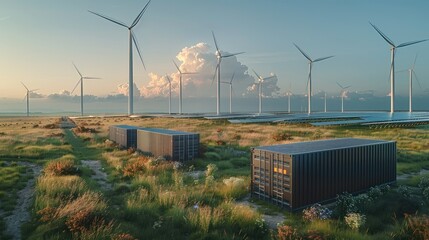 Aufkleber - Black containers standing in a field, with large wind turbines and solar energy panels, green energy. Generative AI.