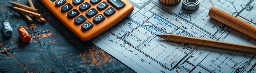 Top view of a civil engineering project featuring blueprints, a calculator, and construction markers on a stark black background.