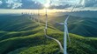 Aerial view of a wind turbine farm with sweeping green hills in the background. leading lines to draw the eye, diffused sunlight and billowing clouds for depth. Generative AI.