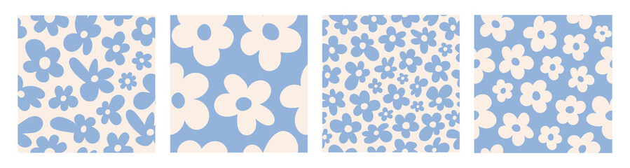Poster - Set seamless patterns with blue groovy daisy flowers on a beige background. Pastel colors. Vector illustration.
