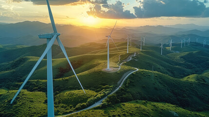 Aufkleber - Aerial view of a wind turbine farm with sweeping green hills in the background. leading lines to draw the eye, diffused sunlight and billowing clouds for depth. Generative AI.