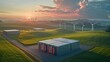 An aerial view of a battery energy storage system with a substation in a green landscape and windmills in the background. Generative AI.
