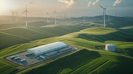 Aufkleber - An aerial view of a battery energy storage system with a substation in a green landscape and windmills in the background. Generative AI.
