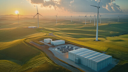 Wall Mural - An aerial view of a battery energy storage system with a substation in a green landscape and windmills in the background. Generative AI.