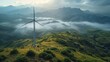 An wind turbines situated amidst rugged mountainous terrain. Emphasize the synergy between renewable energy and the natural landscape. Generative AI.