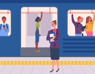 Poster - Cartoon Color Characters People and Subway Station with Train Concept Flat Design Style. Vector illustration of Public Transport