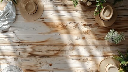 Aufkleber - Background mockup about boho minimalist theme, light clean wooden floor, top view. Generative AI.