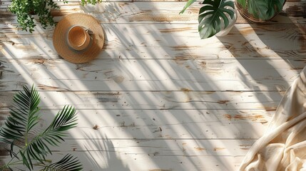 Aufkleber - Background mockup about boho minimalist theme, light clean wooden floor, top view. Generative AI.