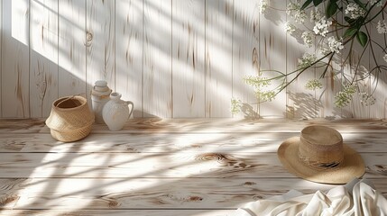 Aufkleber - Background mockup about boho minimalist theme, light clean wooden floor, top view. Generative AI.